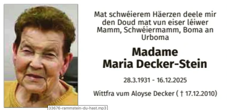Traueranzeige für Maria Decker-Stein