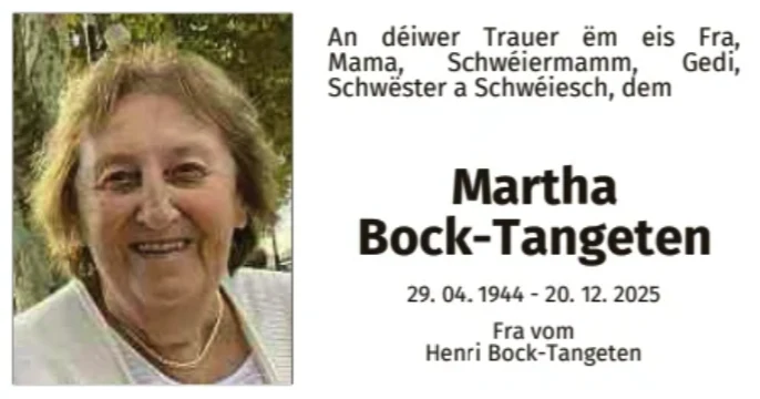 Traueranzeige für Martha Bock-Tangeten