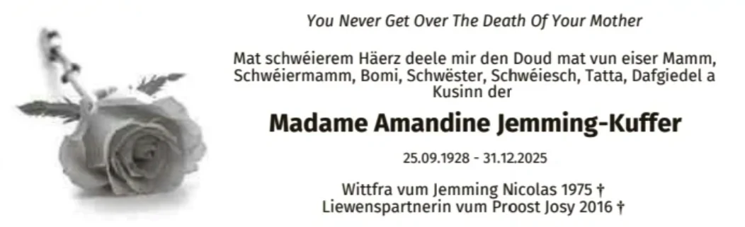 Traueranzeige für Amandine Jemming-Kuffer