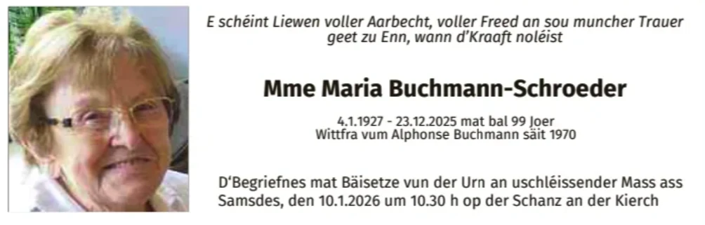 Traueranzeige für Maria Buchmann-Schroeder