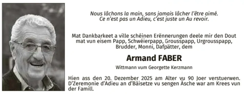 Traueranzeige für Armand Faber
