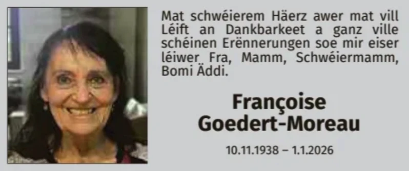 Traueranzeige für Françoise Goedert-Moreau