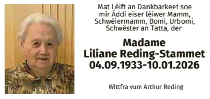 Traueranzeige für Liliane Reding-Stammet
