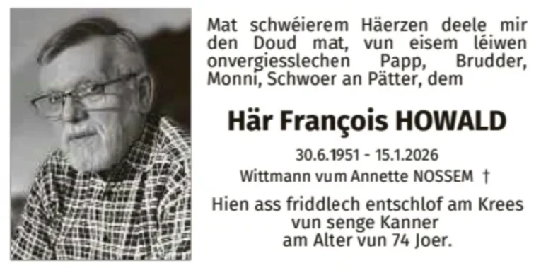 Traueranzeige für François Howald