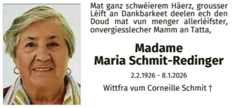 Traueranzeige für Maria Schmit-Redinger