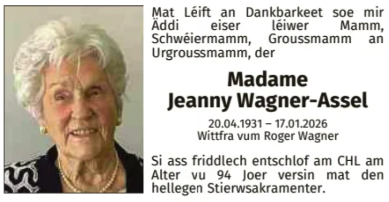 Traueranzeige für Jeanny Wagner-Assel