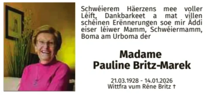 Traueranzeige für Pauline Britz-Marek