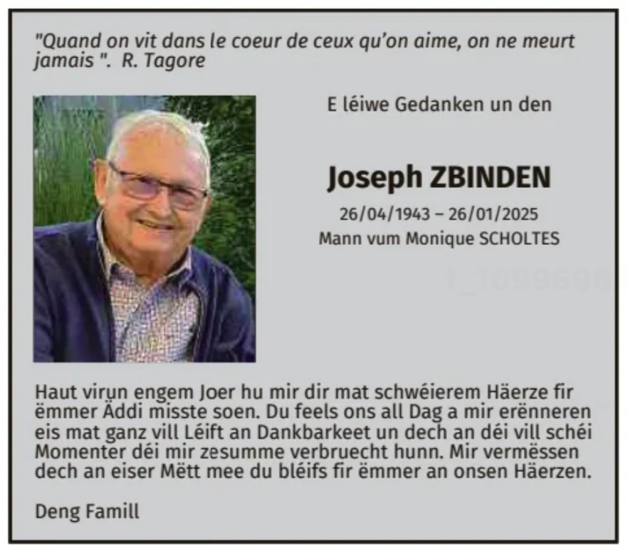 Traueranzeige für Joseph Zbinden