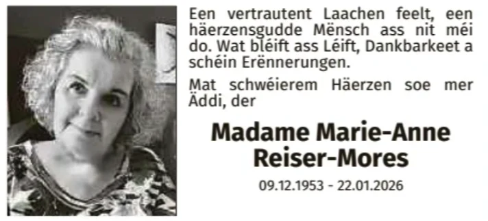 Traueranzeige für Marie-Anne Reiser-Mores