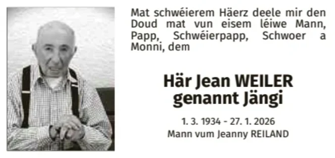 Traueranzeige für Jean Weiler